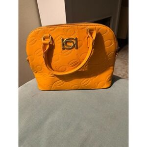 Bebe Orange Embossed Logo Satchel Handbag Gold Hardware Zip Top Purse